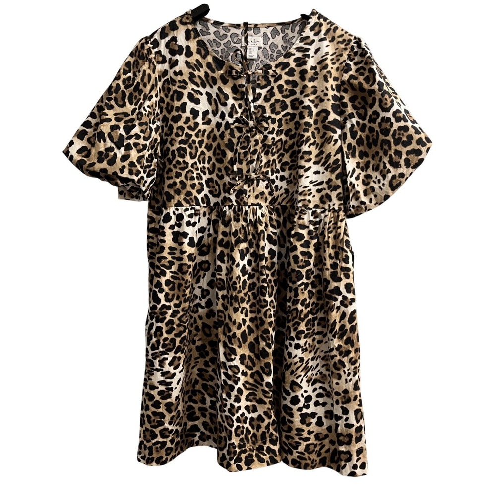 Nicole Miller Dress Brown Animal Print A Line Size L Puff Sleeve Wedding Guest